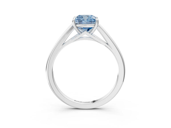 White gold Fancy Blue Cushion  Solitaire Engagement Ring with Four-Prong Setting and Classic Band