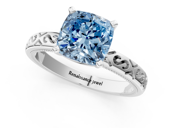 Platinum Fancy Blue Cushion  Solitaire Engagement Ring with Scrollwork Band and Four-Prong Setting