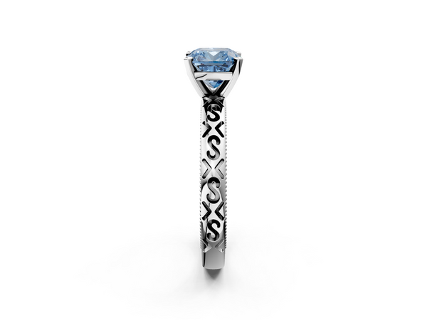Platinum Fancy Blue Cushion  Solitaire Engagement Ring with Scrollwork Band and Four-Prong Setting