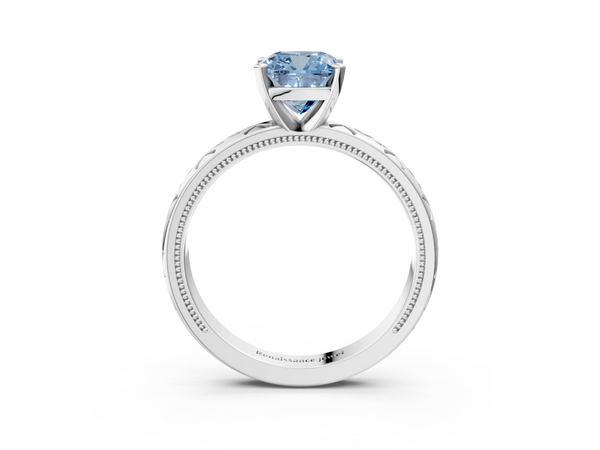 Platinum Fancy Blue Cushion  Solitaire Engagement Ring with Scrollwork Band and Four-Prong Setting