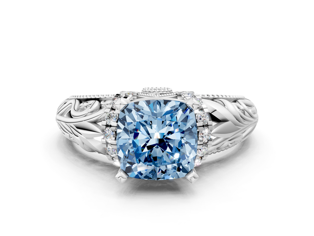 White gold Fancy Blue Cushion  Solitaire Filigree Engagement Ring with Halo and Prong Setting_112