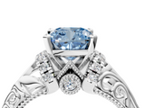 White gold Fancy Blue Cushion  Solitaire Filigree Engagement Ring with Halo and Prong Setting_118