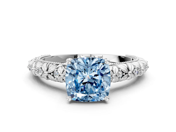 White gold Fancy Blue Cushion  Solitaire Floral Milgrain Engagement Ring