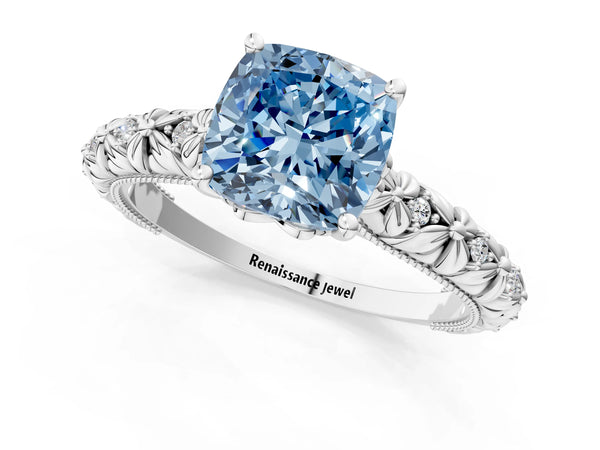 White gold Fancy Blue Cushion  Solitaire Floral Milgrain Engagement Ring