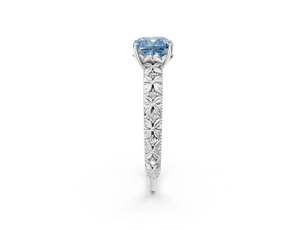 White gold Fancy Blue Cushion  Solitaire Floral Milgrain Engagement Ring