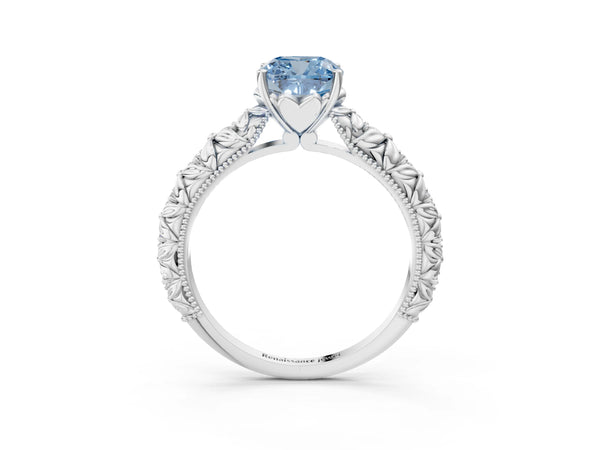 White gold Fancy Blue Cushion  Solitaire Floral Milgrain Engagement Ring