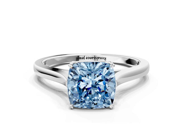 White gold Fancy Blue Cushion  Solitaire Heart Prong Engagement Ring with Tapered Band