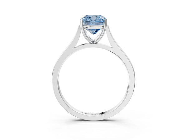 White gold Fancy Blue Cushion  Solitaire Heart Prong Engagement Ring with Tapered Band