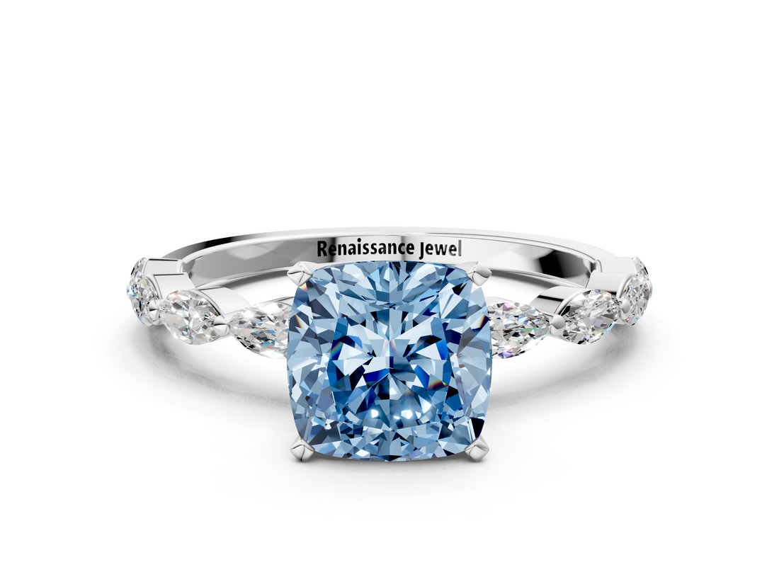 White gold Fancy Blue Cushion  Solitaire Marquise Side Stone Prong Setting Ring_44