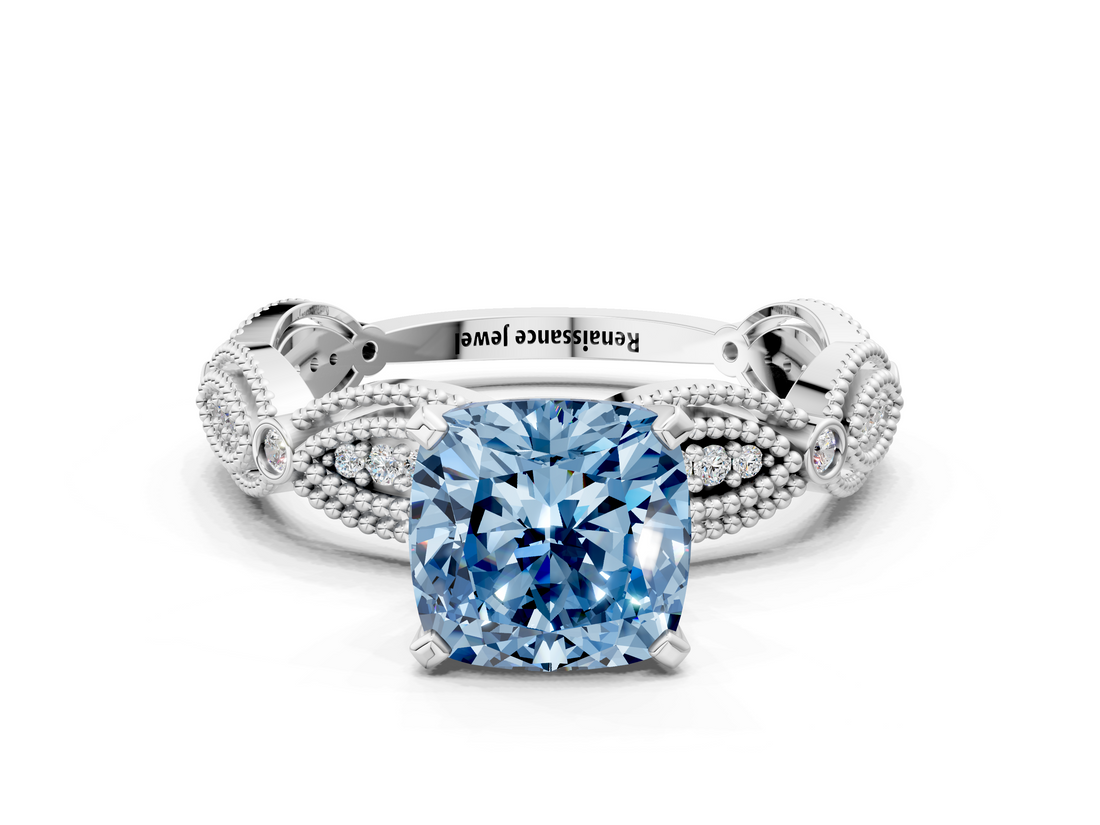 White gold Fancy Blue Cushion  Solitaire Milgrain Diamond Engagement Ring with Bezel and Marquise Band_36
