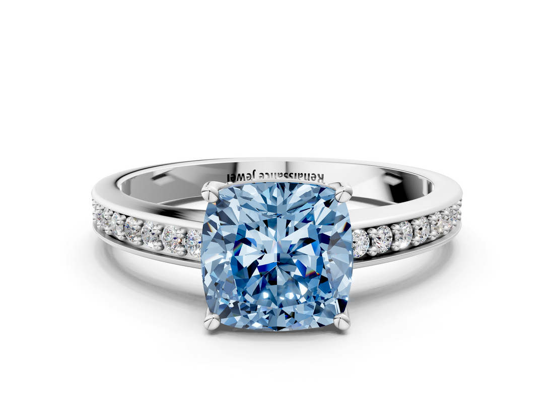 White gold Fancy Blue Cushion  Solitaire Pavé Band Prong Setting Ring_20
