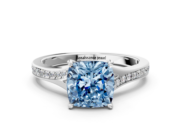 Platinum Fancy Blue Cushion Cut Diamond Solitaire Ring with Pavé Band and Prong Setting