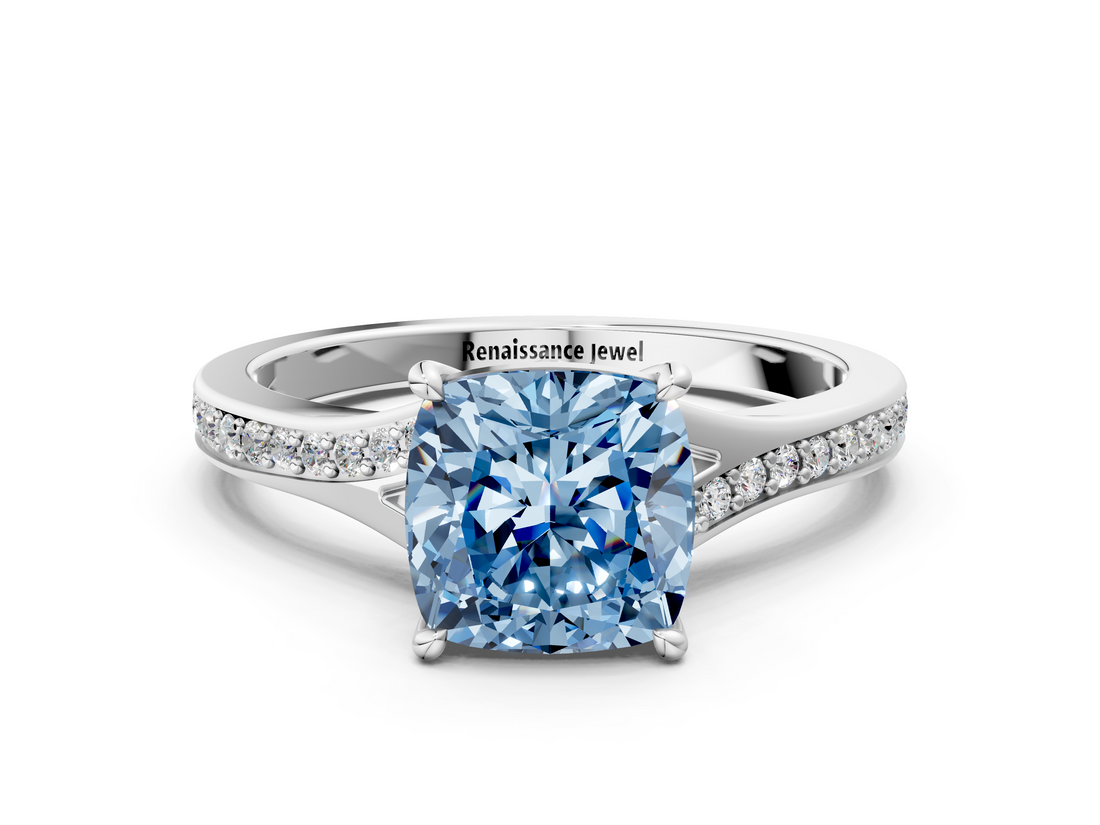 White gold Fancy Blue Cushion  Solitaire Pavé Band with Four-Prong Setting_41