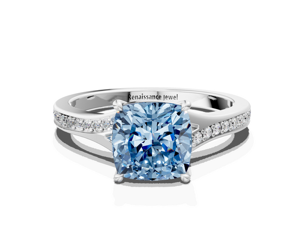 Platinum Fancy Blue Cushion Cut Diamond Solitaire Ring with Pavé Band and Prong Setting