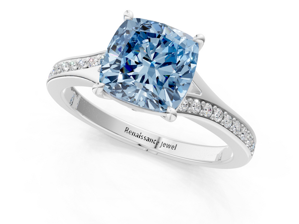 Platinum Fancy Blue Cushion Cut Diamond Solitaire Ring with Pavé Band and Prong Setting