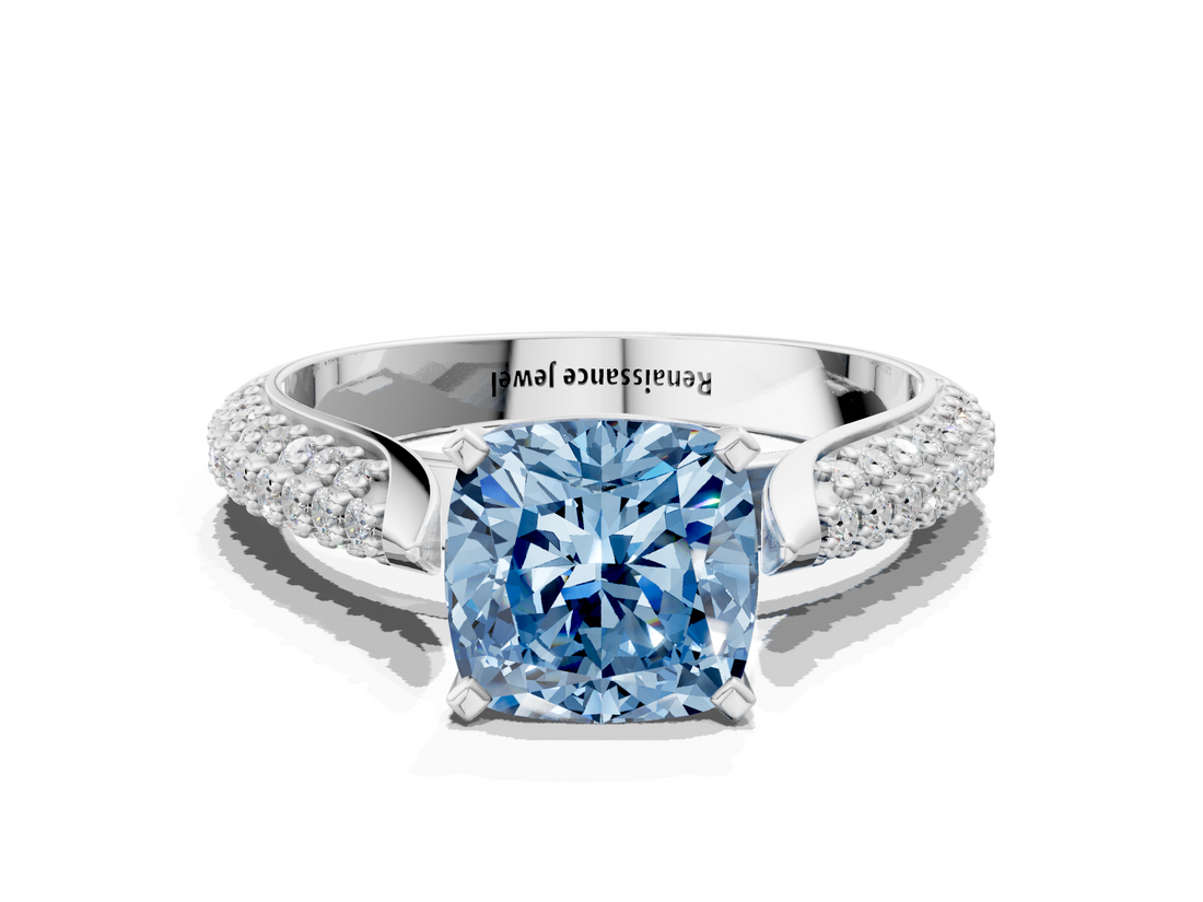 White gold Fancy Blue Cushion  Solitaire Pavé Diamond Engagement Ring with Four-Prong Setting_186