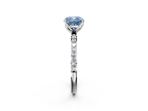 Platinum Fancy Blue Cushion Cut Diamond Solitaire Engagement Ring with Round  Pavé Band and Prong Setting