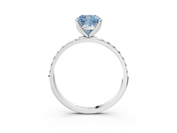 Platinum Fancy Blue Cushion Cut Diamond Solitaire Engagement Ring with Round  Pavé Band and Prong Setting