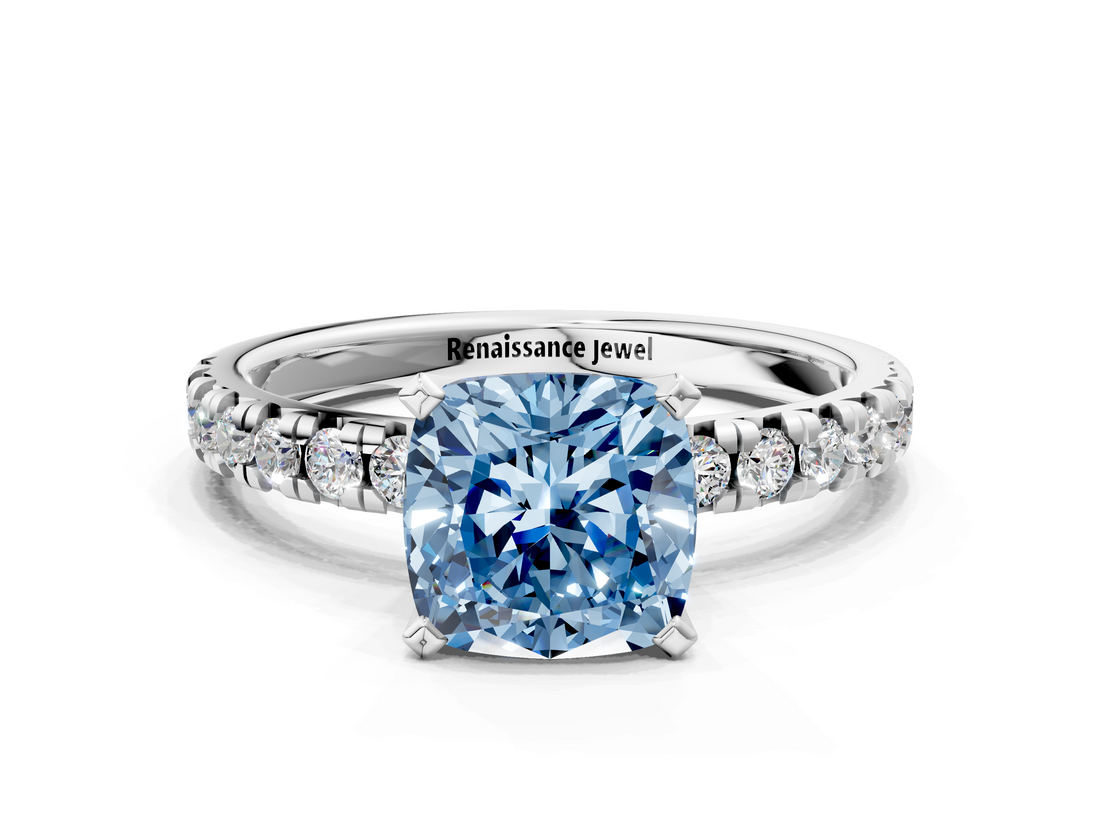 White gold Fancy Blue Cushion  Solitaire Pave Diamond Engagement Ring with Four-Prong Setting_356
