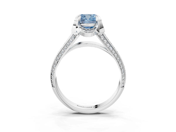 Platinum Fancy Blue Cushion  Solitaire Pave Split Shank Ring with Four-Prong Setting