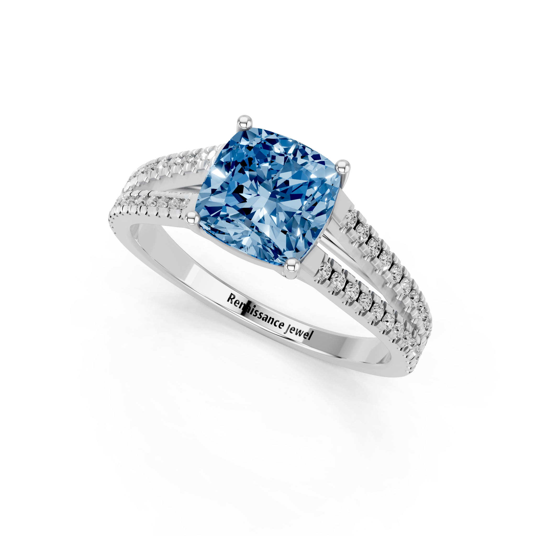 White gold Fancy Blue Cushion  Solitaire Split Shank Pavé Diamond Engagement Ring_254