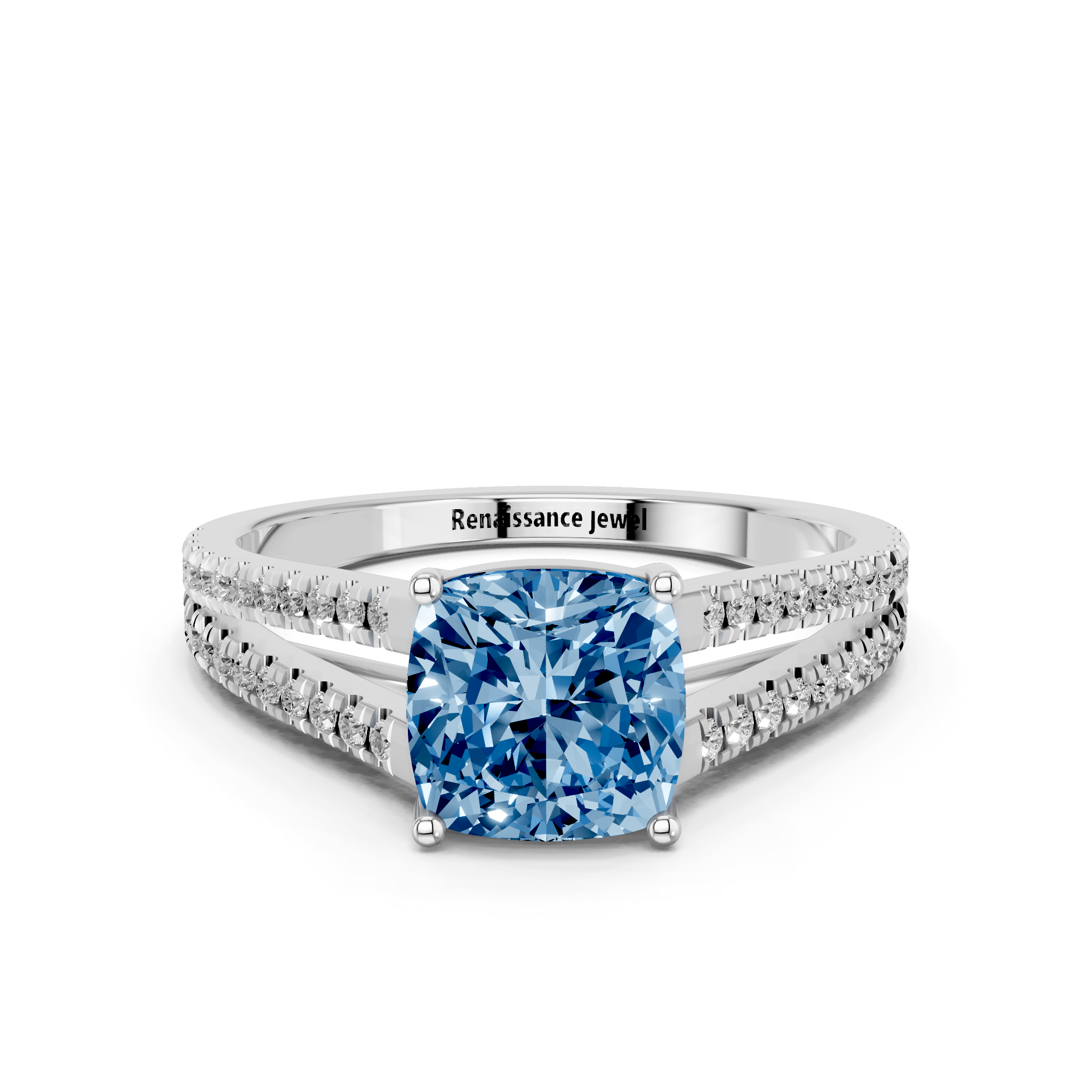 White gold Fancy Blue Cushion  Solitaire Split Shank Pavé Diamond Engagement Ring_262