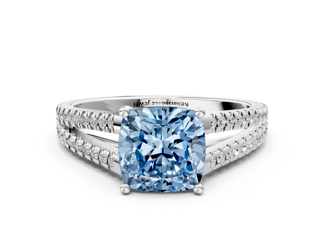 White gold Fancy Blue Cushion  Solitaire Split Shank Pavé Diamond Engagement Ring_371