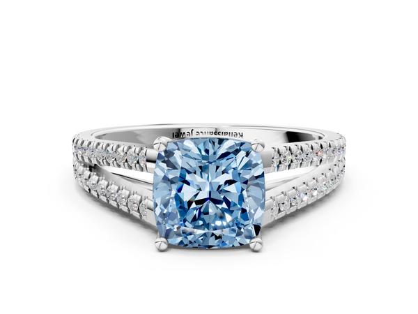 Platinum Fancy Blue Cushion Cut Diamond Solitaire Engagement Ring with Split Shank Pavé Band