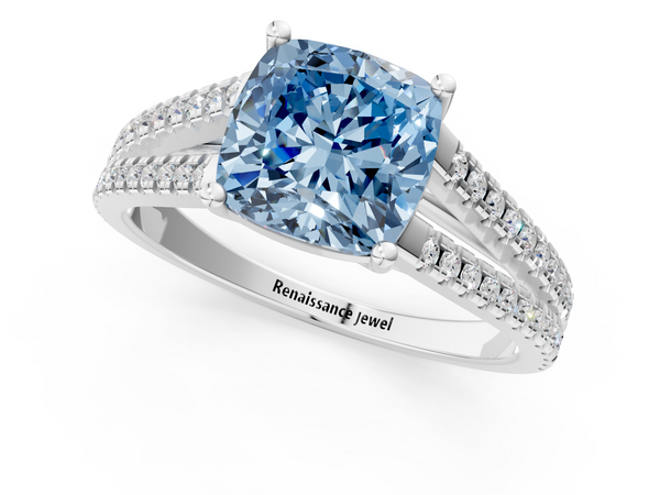 Platinum Fancy Blue Cushion Cut Diamond Solitaire Engagement Ring with Split Shank Pavé Band