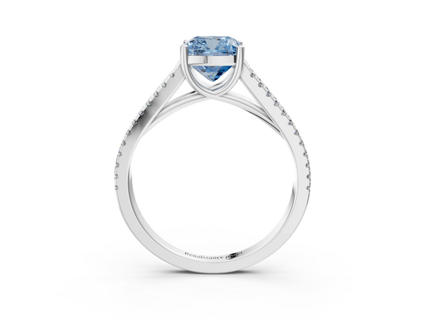 Platinum Fancy Blue Cushion Cut Diamond Solitaire Engagement Ring with Split Shank Pavé Band