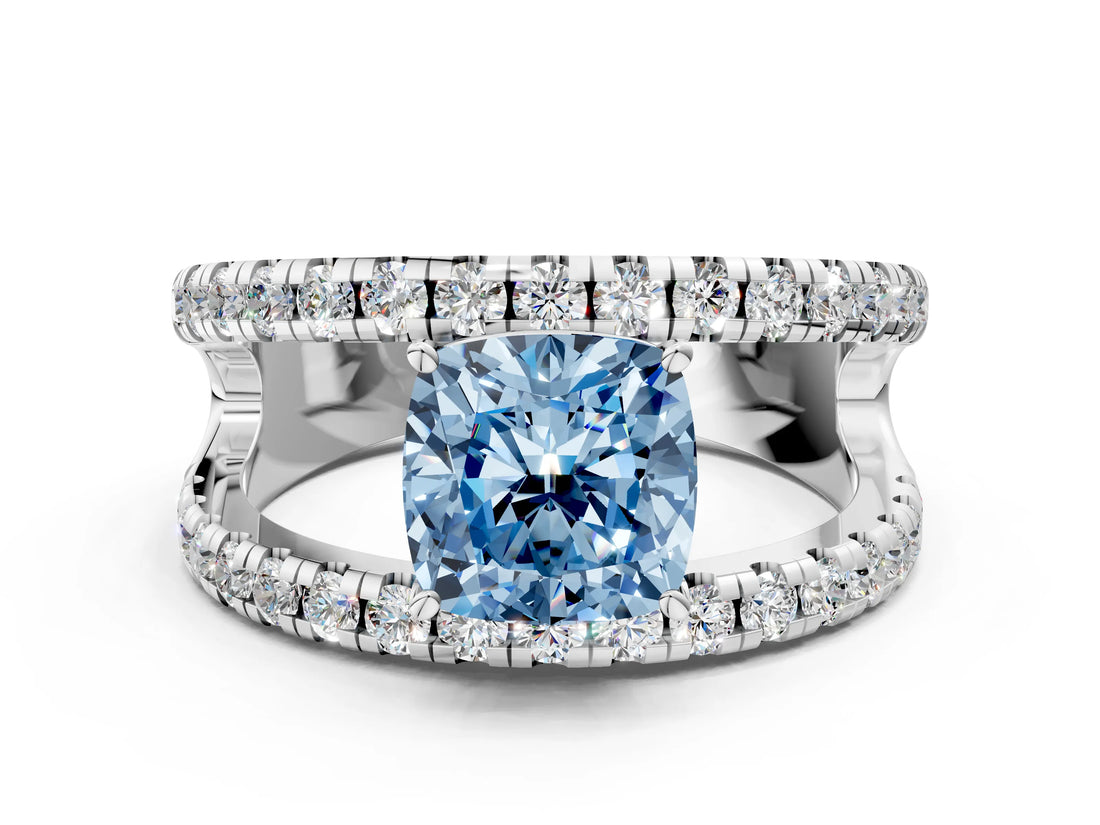 White gold Fancy Blue Cushion  Solitaire Split Shank Pave Diamond Ring_49
