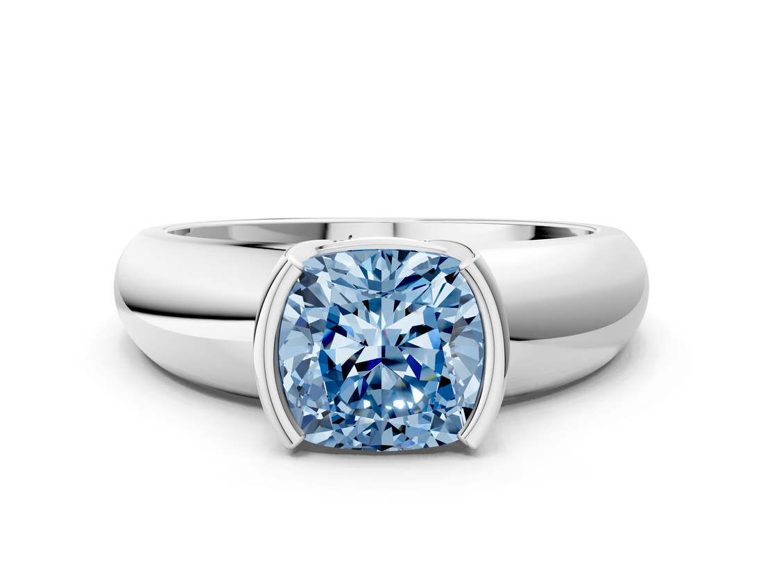 White gold Fancy Blue Cushion  Solitaire Tension Set Diamond Ring with Wide Band_20