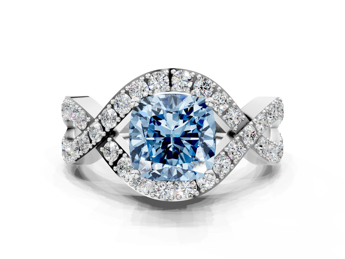 White gold Fancy Blue Cushion  Solitaire Twist Band Pavé Diamond Engagement Ring_32
