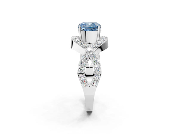 Platinum Fancy Blue Cushion  Solitaire Twist Band Pavé Diamond Engagement Ring