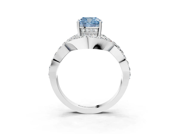 Platinum Fancy Blue Cushion  Solitaire Twist Band Pavé Diamond Engagement Ring