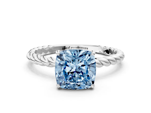 Platinum Fancy Blue Cushion  Solitaire Twist Band Ring with Four-Prong Setting