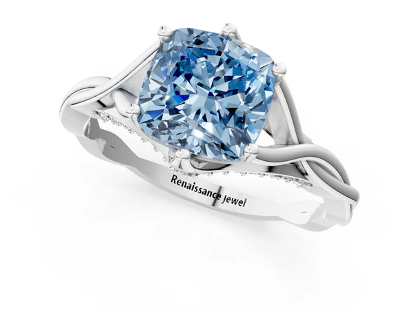 White gold Fancy Blue Cushion  Solitaire Twist Band Six-Prong Setting