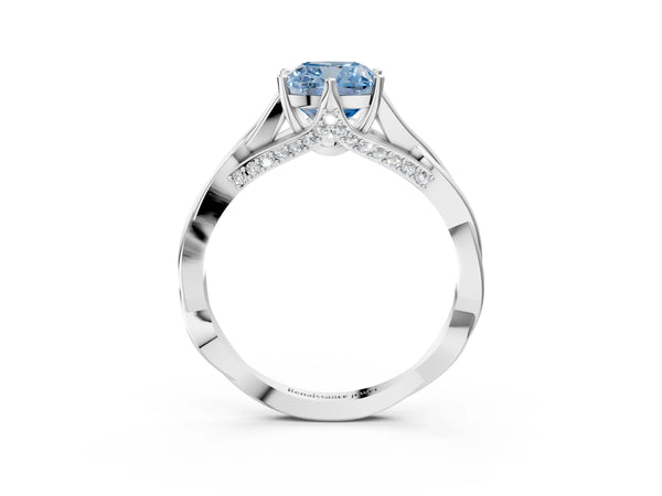 White gold Fancy Blue Cushion  Solitaire Twist Band Six-Prong Setting