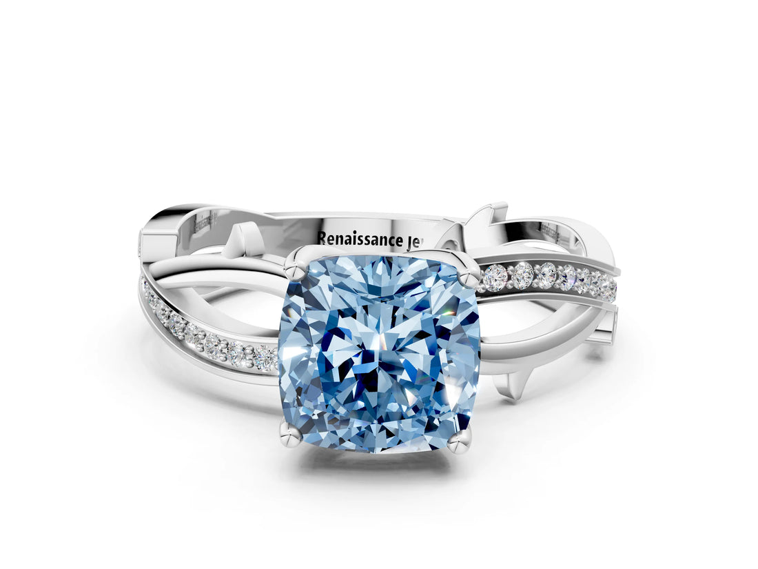 White gold Fancy Blue Cushion  Solitaire Twist Band with Pavé Accents and Four-Prong Setting_20