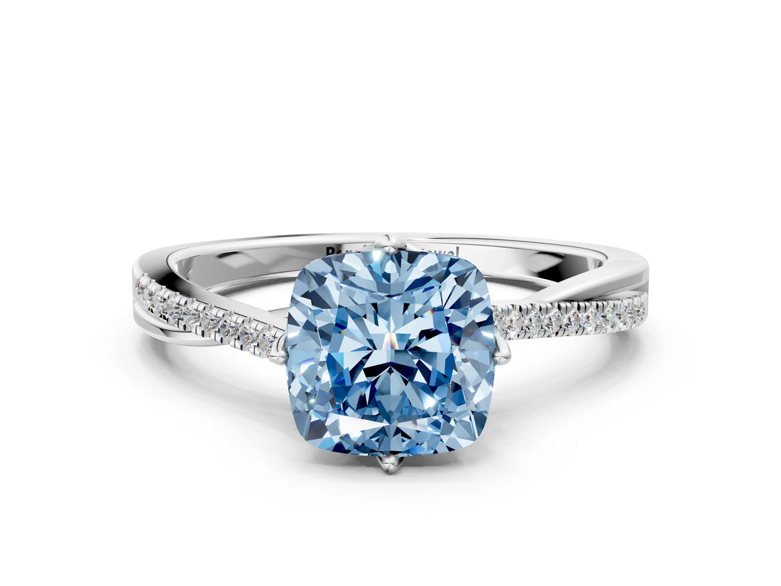 White gold Fancy Blue Cushion  Solitaire Twist Band with Pavé Diamonds and Four-Prong Setting_78
