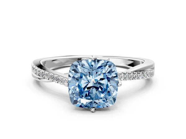 White gold Fancy Blue Cushion  Solitaire Twist Band with Pavé Diamonds and Four-Prong Setting