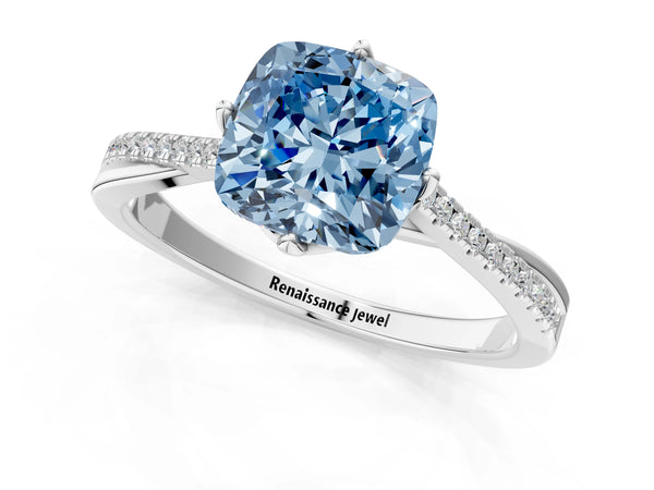White gold Fancy Blue Cushion  Solitaire Twist Band with Pavé Diamonds and Four-Prong Setting