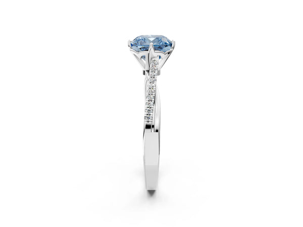 White gold Fancy Blue Cushion  Solitaire Twist Band with Pavé Diamonds and Four-Prong Setting