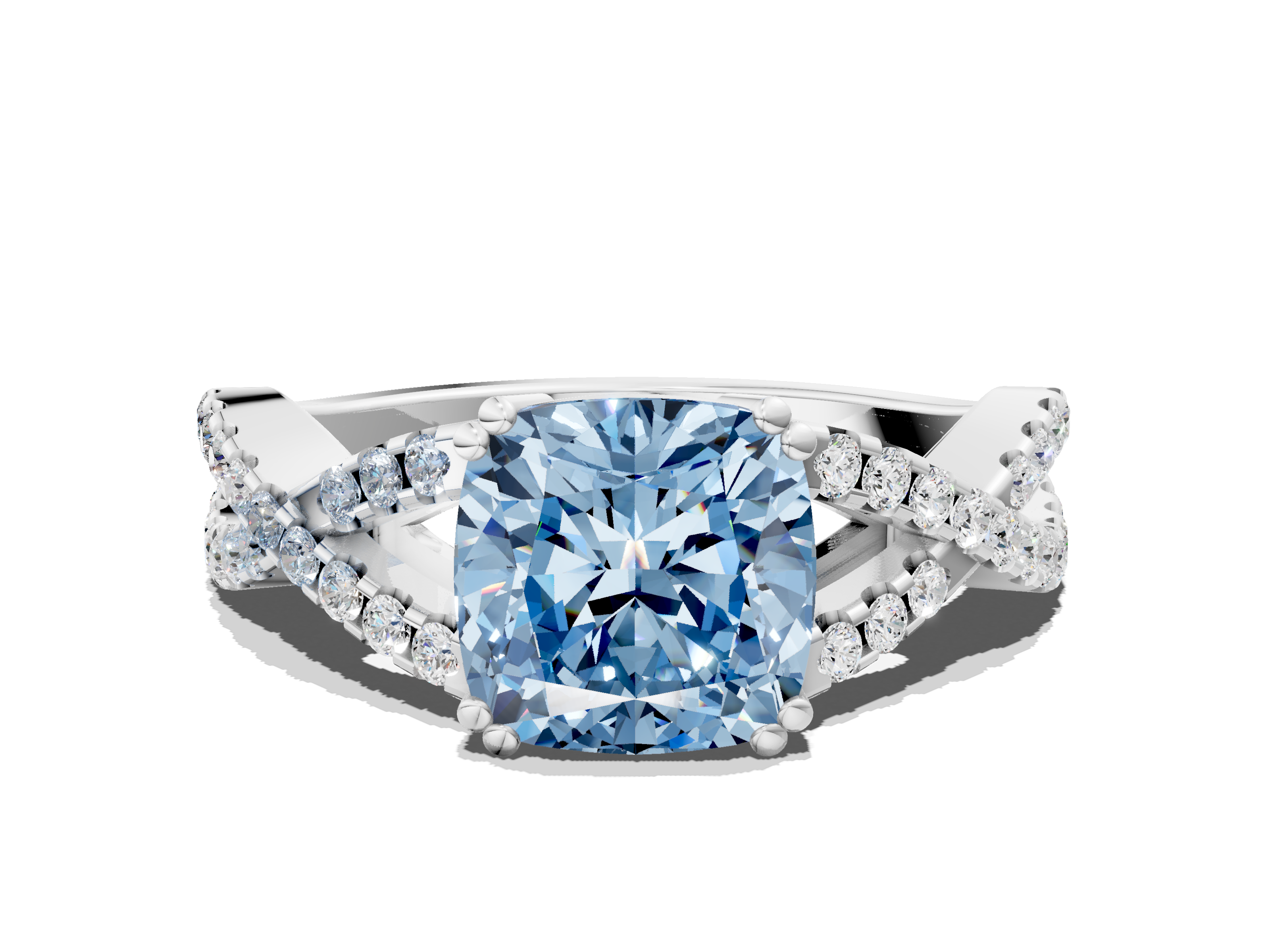 White gold Fancy Blue Cushion  Solitaire Twist Band with Pavé Setting and Four-Prong Setting_17