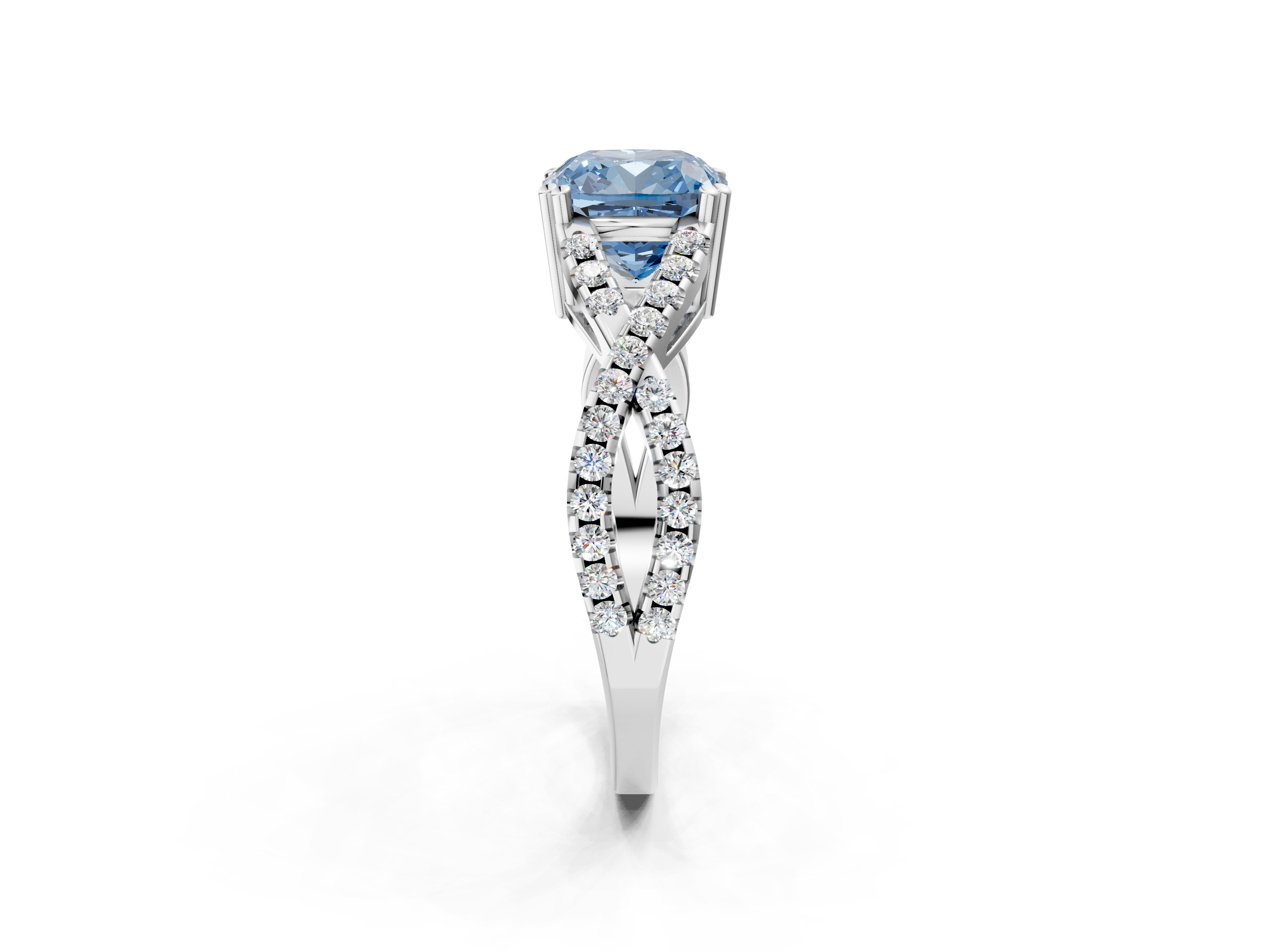 White gold Fancy Blue Cushion  Solitaire Twist Band with Pavé Setting and Four-Prong Setting_18