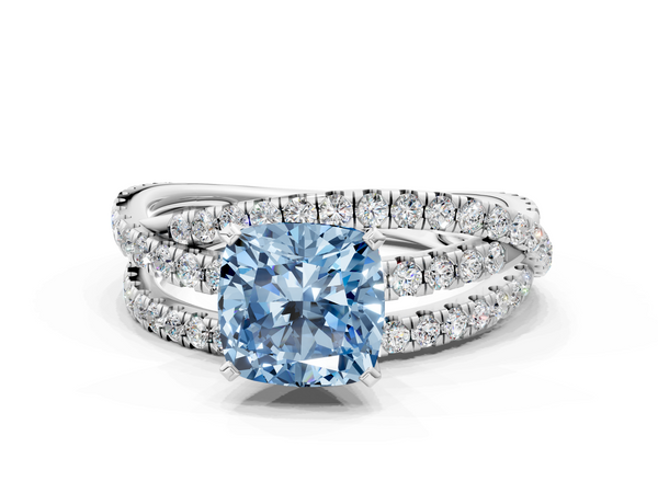 Platinum Fancy Blue Cushion  Solitaire Twist Band with Pavé Setting and Four-Prong Setting