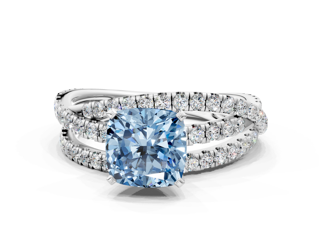 White gold Fancy Blue Cushion  Solitaire Twist Band with Pavé Setting and Four-Prong Setting_74