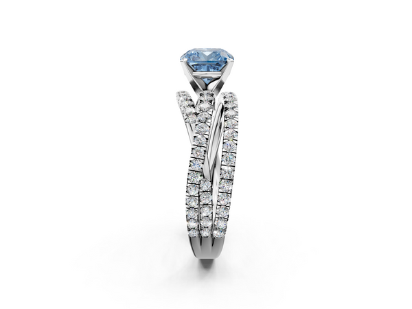 Platinum Fancy Blue Cushion  Solitaire Twist Band with Pavé Setting and Four-Prong Setting