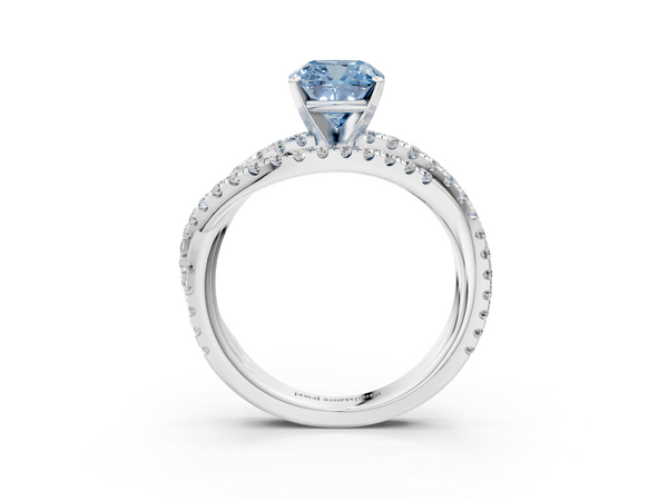 Platinum Fancy Blue Cushion  Solitaire Twist Band with Pavé Setting and Four-Prong Setting