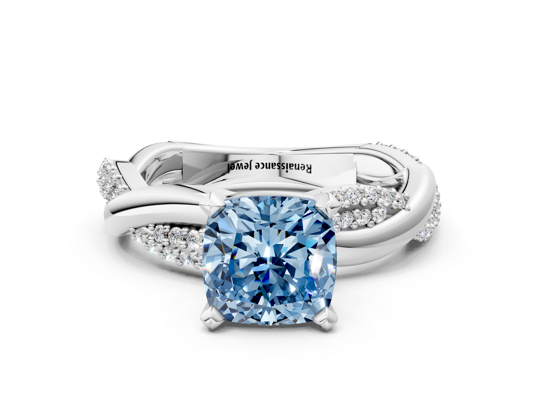 White gold Fancy Blue Cushion  Solitaire Twist Band with Pave Prong Setting_41